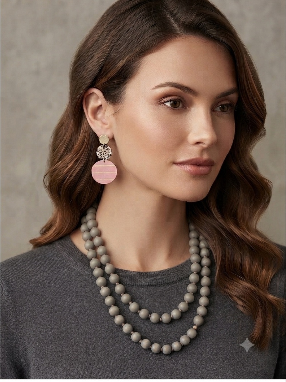 Gray Beaded Necklace with Pink/gray animal print Drop Earrings